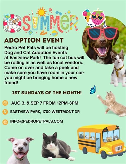 Pet Adoptions this Sunday at Eastview Park 12pm to 3pm