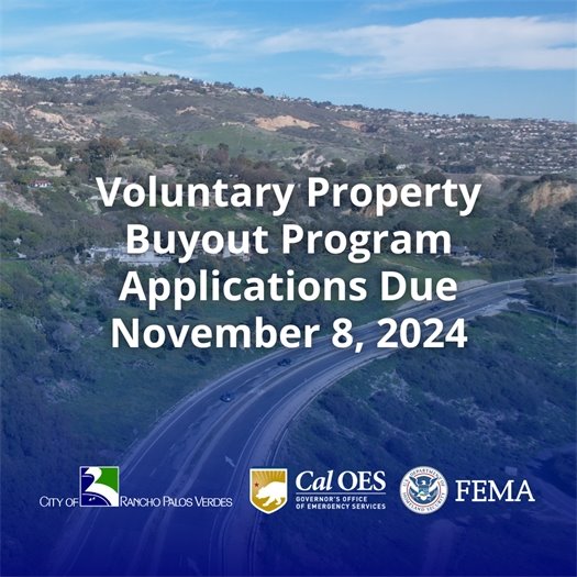 Palos Verdes Drive South winds through the Portuguese Bend Landslide area in Rancho Palos Verdes. A headline above logos for the City of Rancho Palos Verdes, Cal OES, and FEMA says RPV, FEMA and Cal OES Announce $42 Million Voluntary Property Buyout Program for Homes Impacted by Land Movement.