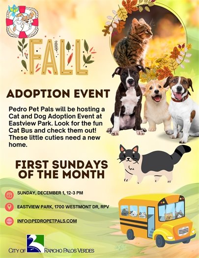 Adorable cats, kittens, and dogs are ready for adoption. Cats ride a school bus. Logos are shown for Pedro Pet Pals and the City of Rancho Palos Verdes. A headline says Fall Adoption Event. Subheads say Pedro Pet Pals will be hosting a cat and dog adoption event at Eastview Park! Look for the fun cat bus and check them out! These little cuties need a new home! First Sundays of the month! November 3, 12-3 pm. Eastview Park, 1700 Westmont Drive, Rancho Palos Verdes. info@pedropetpals.com