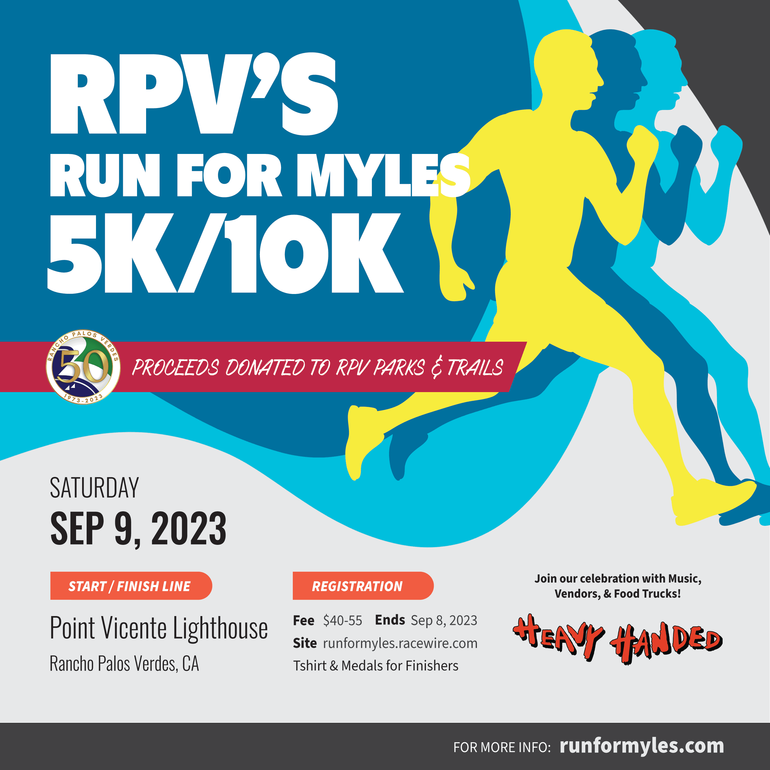  RPV’s Run For Myles 5K/10K. Proceeds donated to RPV parks and trails. Saturday, September 9, 2023. 
