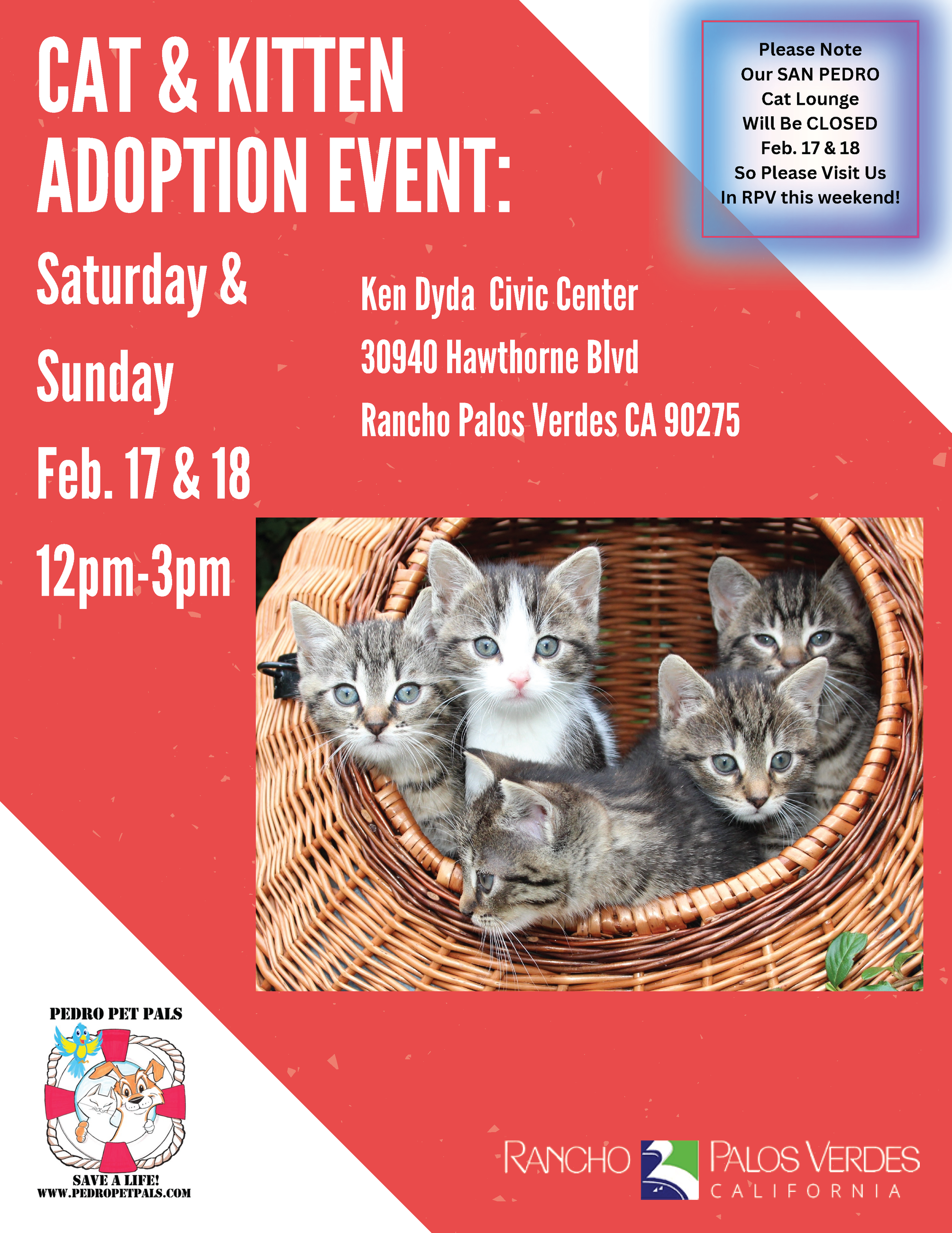 CAT & KITTEN ADOPTION EVENT: Saturday & Sunday Feb. 17 & 18 12pm-3pm Ken Dyda Civic Center