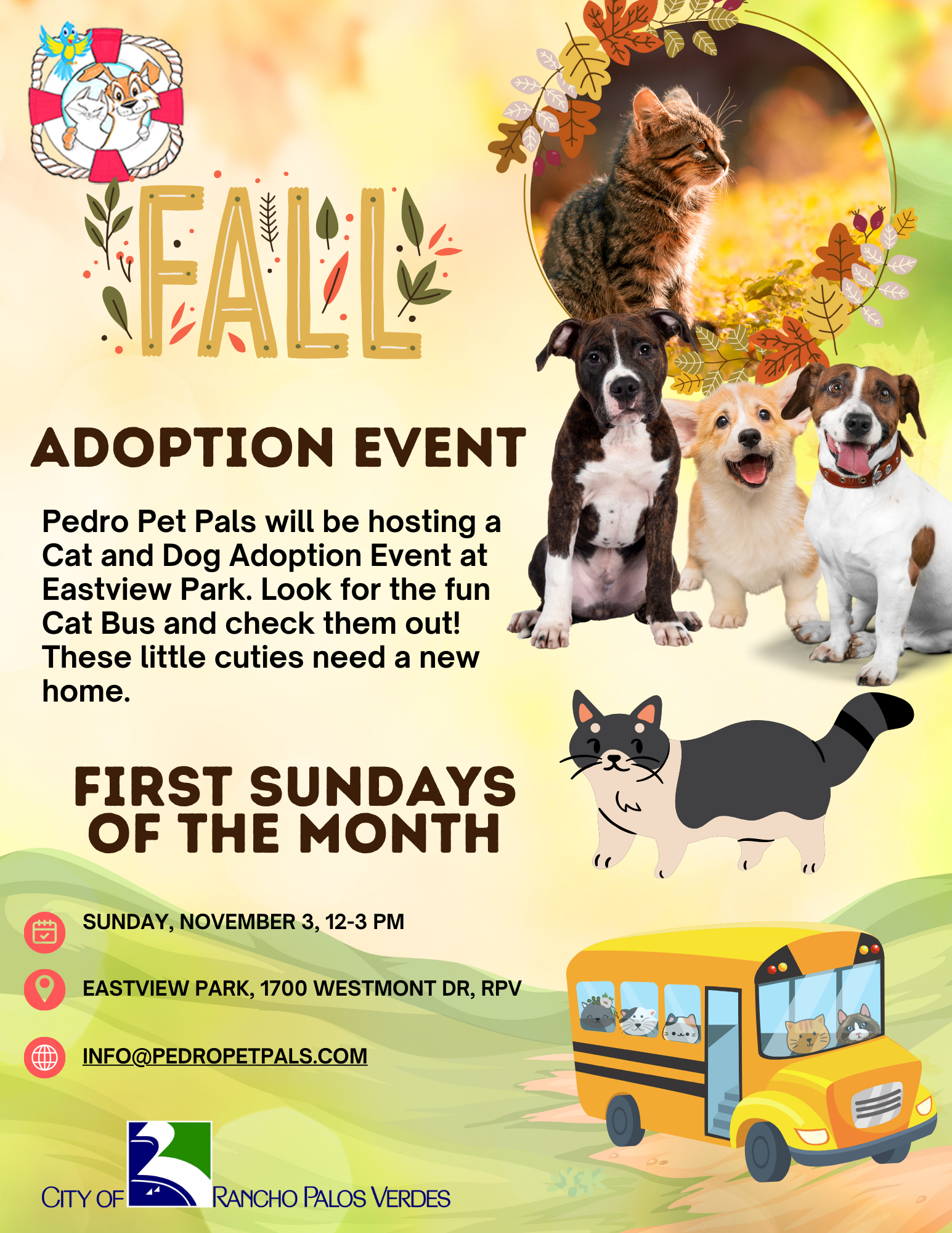 Adorable cats, kittens, and dogs are ready for adoption. Cats ride a school bus. Logos are shown for