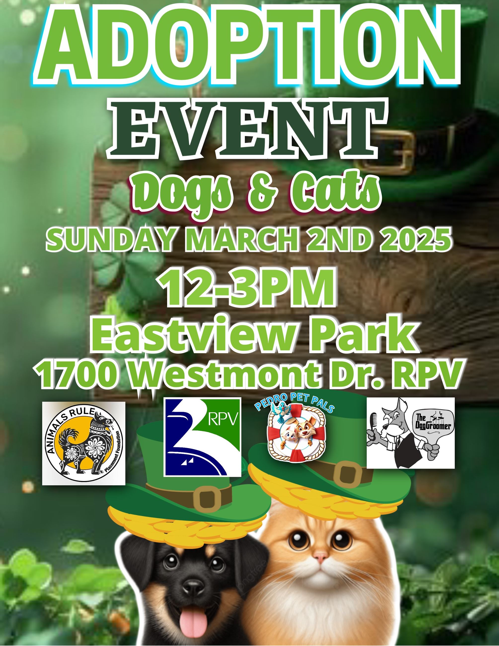 Pedro Pet Pals Adoption Event, March 2, 2025, 12-3 pm at Eastview Park.