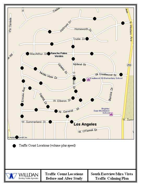 Mira Vista neighborhood traffic count locations with black dots on map representing the volume