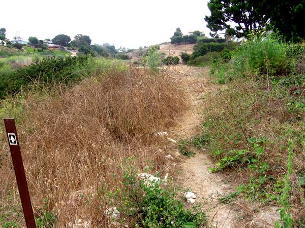 Trail marker and dirt trail in Agua Amarga Reserve
